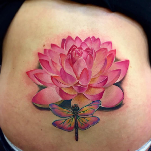 Pink Ink Lotus Flower With Dragonfly Tattoo On Right Back Shoulder