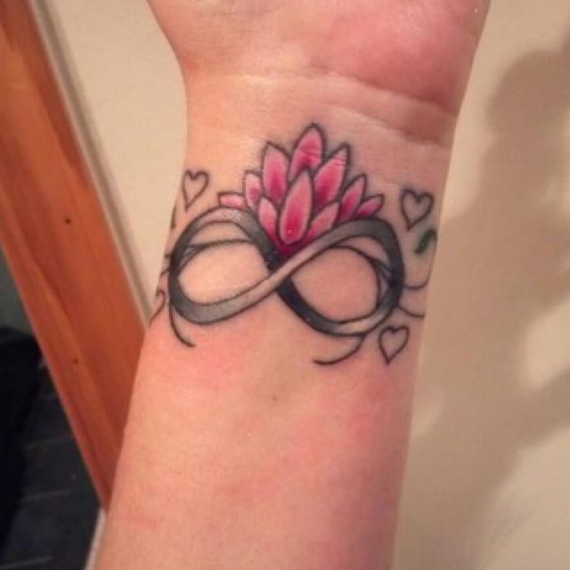 Pink Ink Lotus Flower With Infinity Tattoo On Wrist