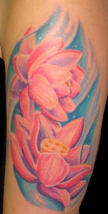Pink Ink Lotus Flowers In Water Tattoo On Left Half Sleeve