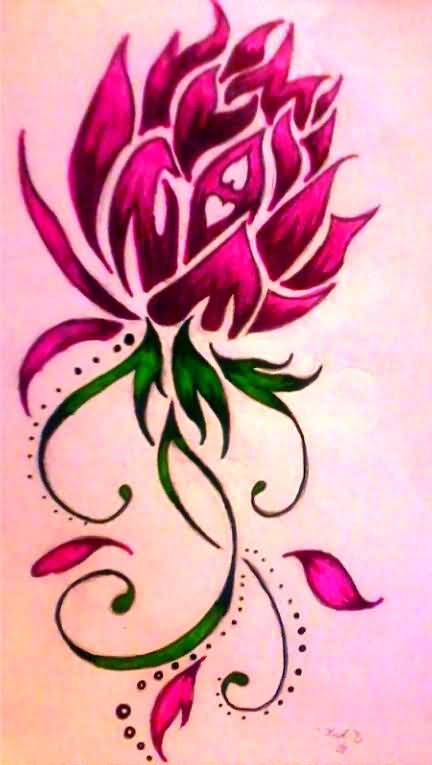 Pink Ink Tribal Lotus Flower Tattoo Design