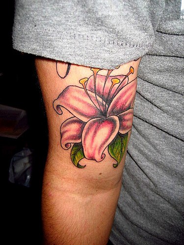 Pink Lily Flower Tattoo On Arm Sleeve