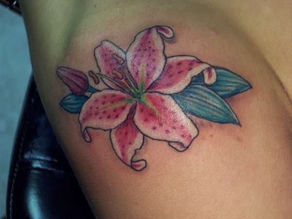 Pink Lily Flower Tattoo On Shoulder