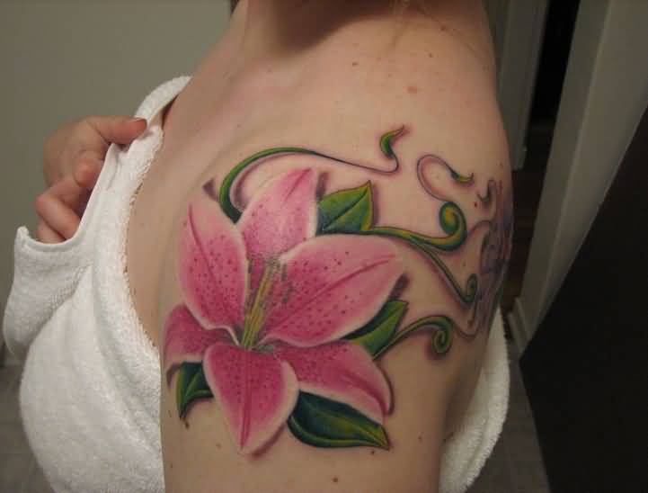 Pink Lily Tattoo On Girl Left Shoulder