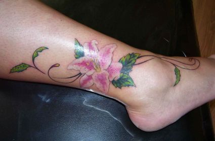 Pink Lily Tattoo On Girl Right Ankle