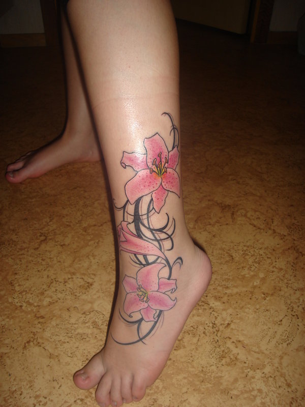 Pink Lily Tattoo On Left Ankle