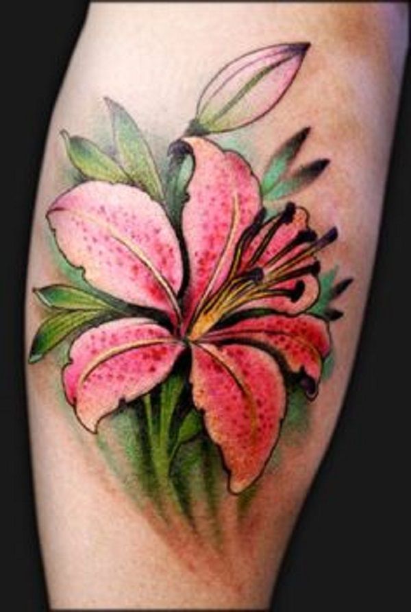 Pink Lily Tattoo On Side Leg