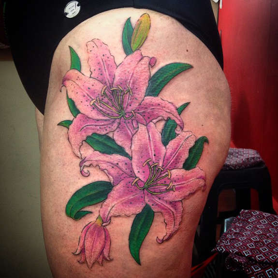Pink Lily Tattoo On Side Thigh