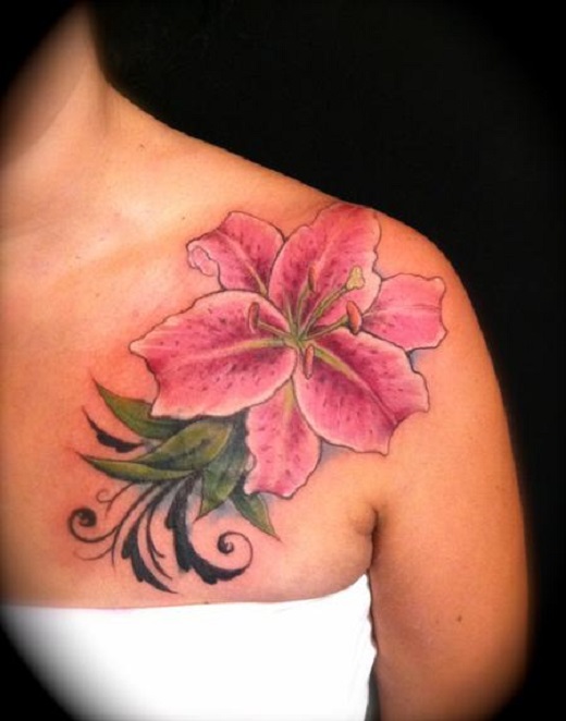 Pink Lily Tattoos On Left Shoulder