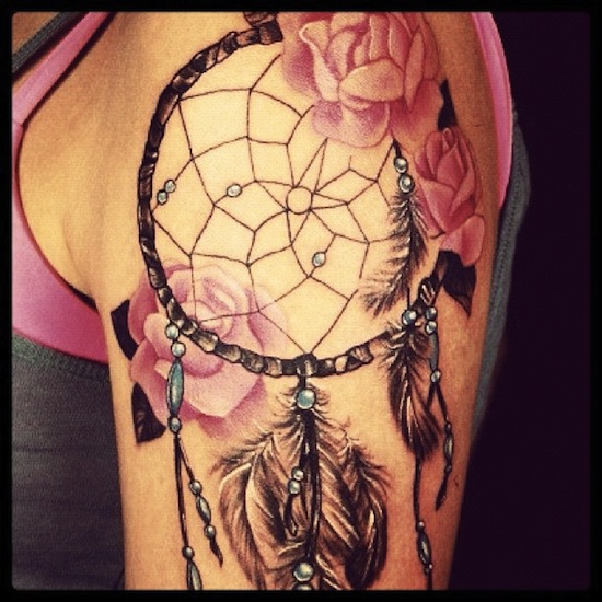 Pink Rose Flowers And Dreamcatcher Tattoo On Girl Left Shoulder