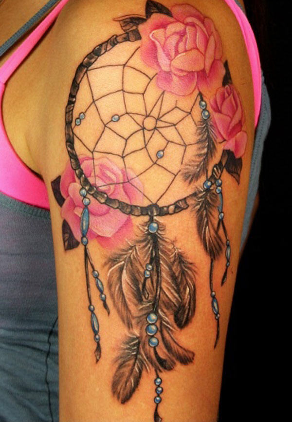 Pink Rose Flowers And Dreamcatcher Tattoo On Left Shoulder
