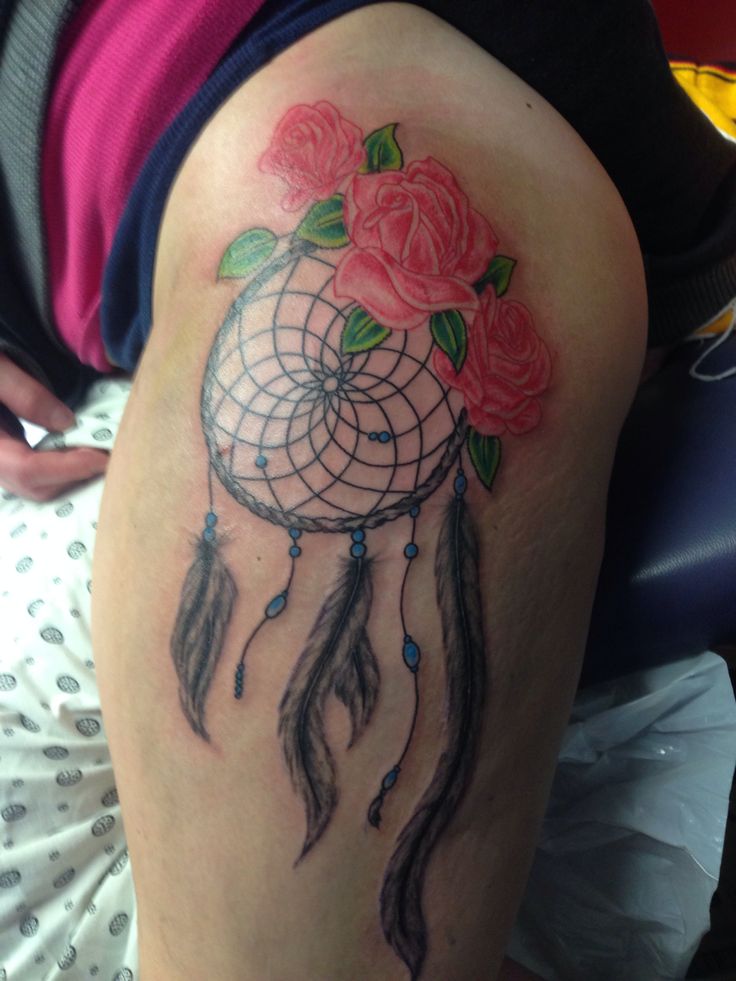 Pink Rose Flowers And Dreamcatcher Tattoo On Side Leg
