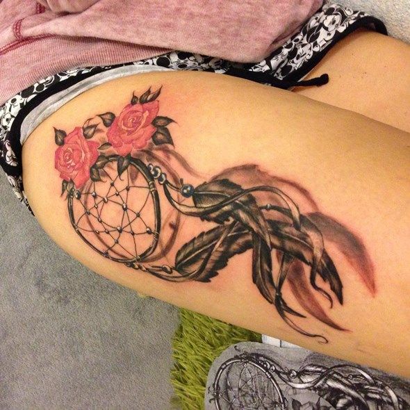 Pink Rose Flowers And Dreamcatcher Tattoo On Thigh