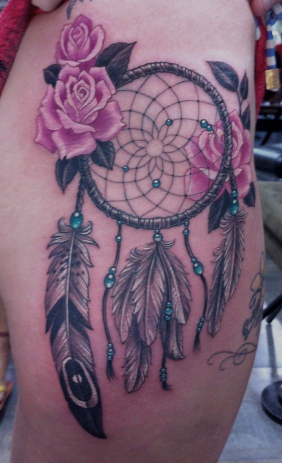 Pink Roses And Dreamcatcher Tattoo On Side Leg