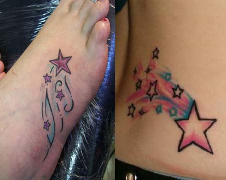 Pink Star Tattoos On Foot And Lower Back