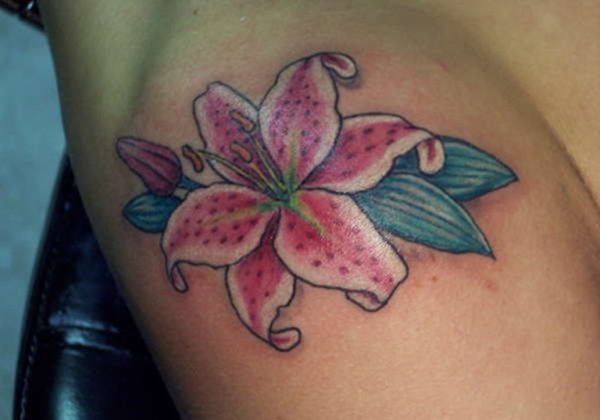 Pink Stargazer Lily Tattoo On Shoulder