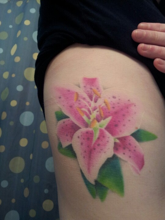 Pink Stargazer Lily Tattoo On Side Rib