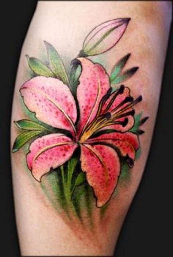 Pink Tiger Lily Tattoo On Leg