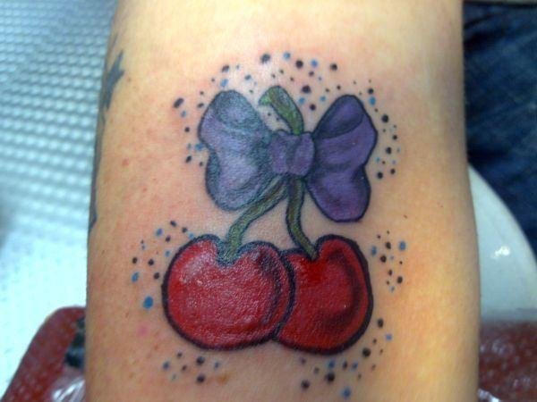 Purple Bow And Cherry Tattoo