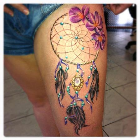 Purple Flowers And Colorful Dreamcatcher Tattoo On Thigh