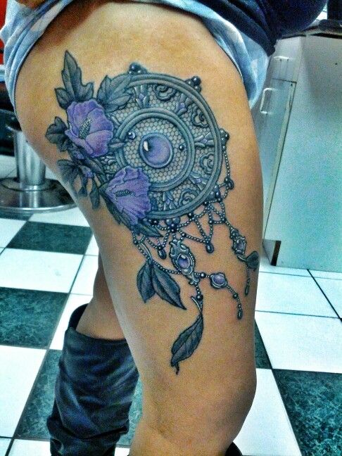 Purple Flowers And Dreamcatcher Tattoo On Girl Side Thigh