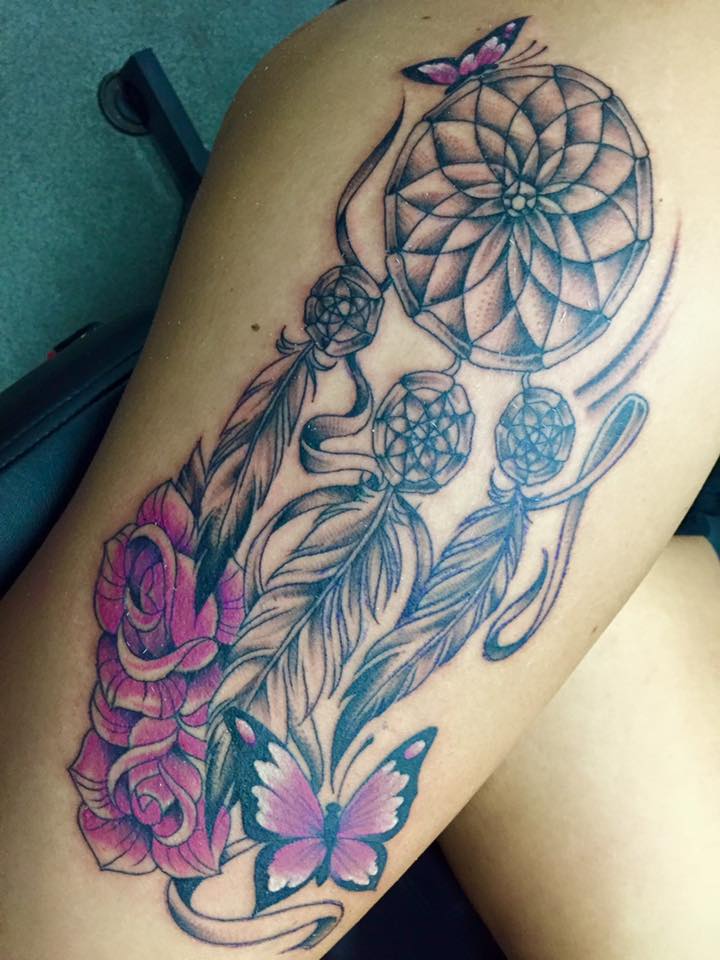 Purple Flowers And Dreamcatcher Tattoo On Side Leg