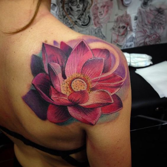 Purple Ink 3D Lotus Flower Tattoo On Girl Right Back Shoulder