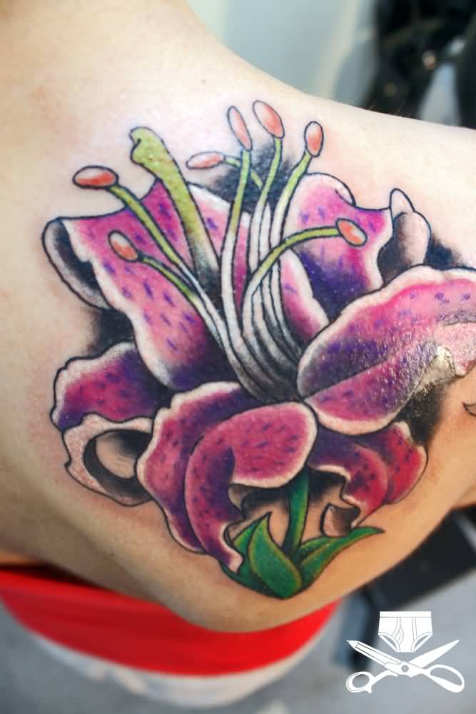 Purple Ink Lily Cover Up Tattoo On Right Back Shoulder