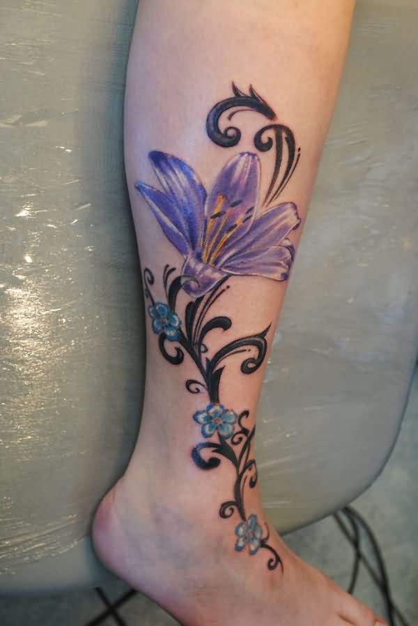 Purple Ink Lily Flower Ankle Tattoo