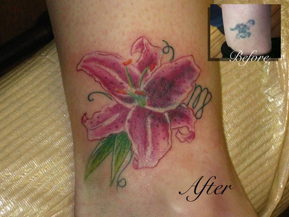 Purple Ink Lily Flower Cover Up Tattoo Design For Leg