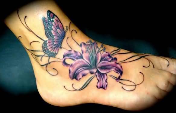 Purple Ink Lily Flower With Flying Butterfly Tattoo On Right Foot