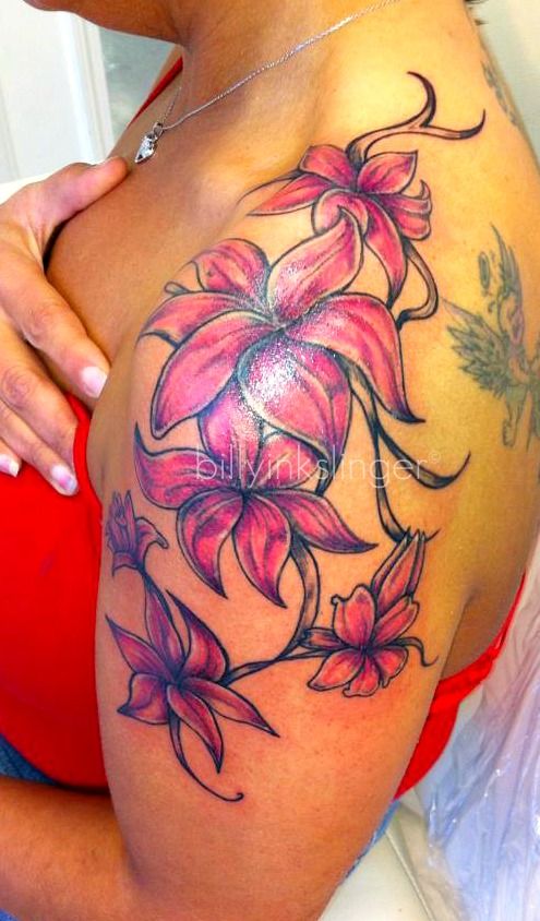 Purple Ink Lily Flowers Tattoo On Left Shoulder