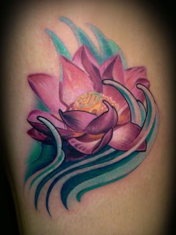 Purple Ink Lotus Flower In Water Tattoo Design