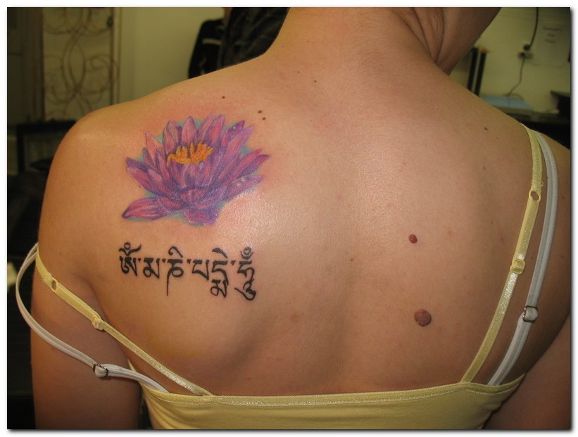 Purple Ink Lotus Flower Tattoo On Female Left Back Shoulder