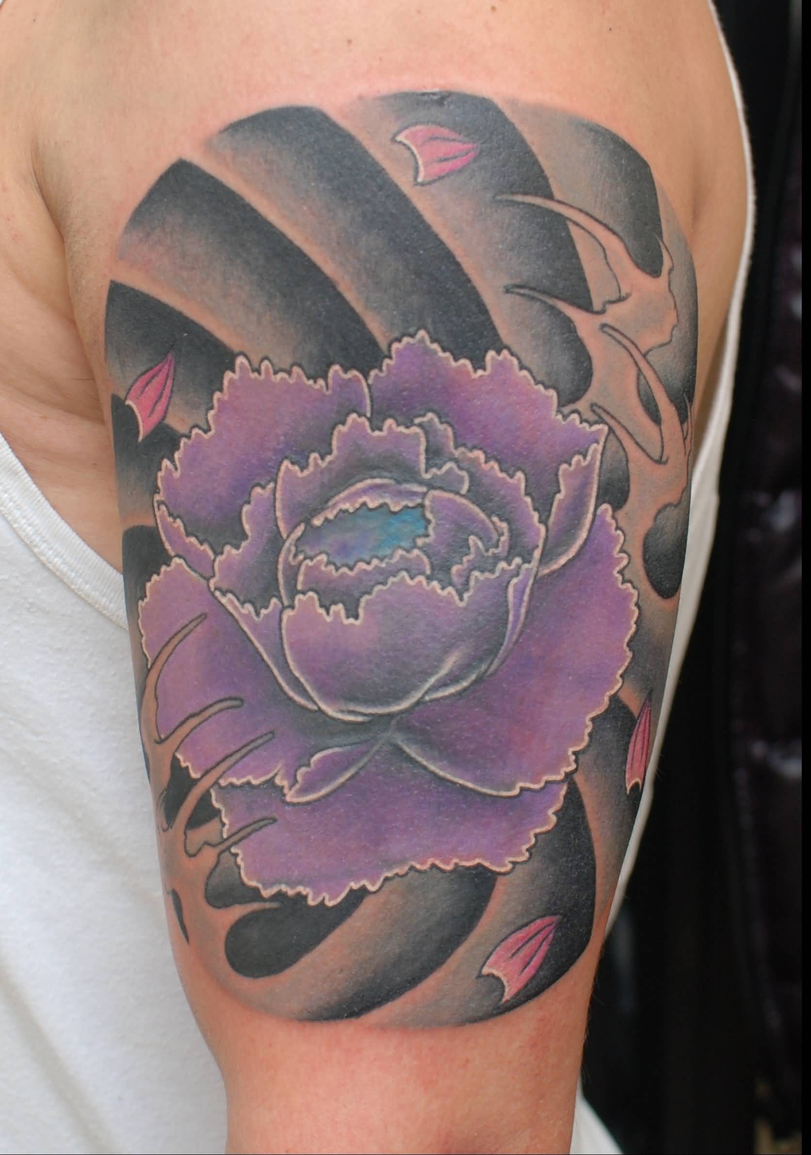 Purple Ink Lotus Flower Tattoo  On Left Half Sleeve