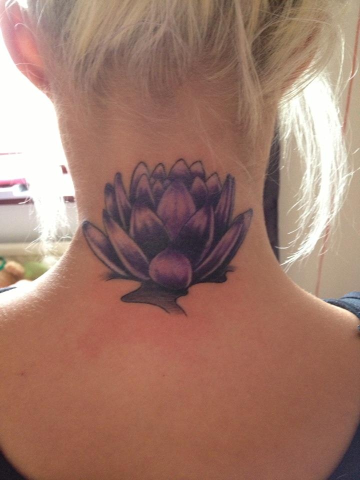 Purple Ink Lotus Tattoo Flower Tattoo On Girl Neck
