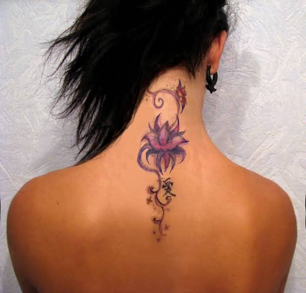 Purple Ink Lotus Tattoo On Girl Back Neck