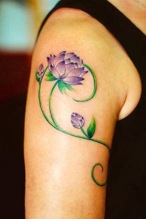 Purple Ink Small Lotus Flowers Tattoo On Right Shoulder