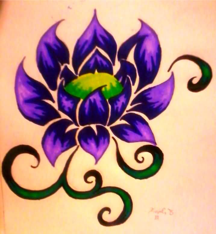 Purple Ink Tribal Lotus Tattoo Design