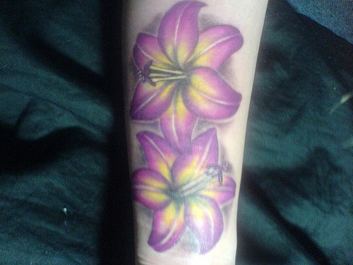Purple Lily Flower Tattoo On Leg