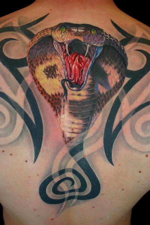 Realistic 3D Cobra Snake Head Tattoo On Back