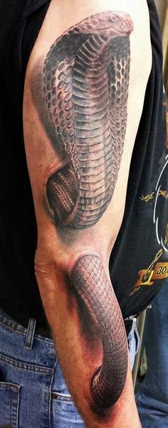 Realistic 3D Cobra Snake Tattoo On Right Full Sleeve