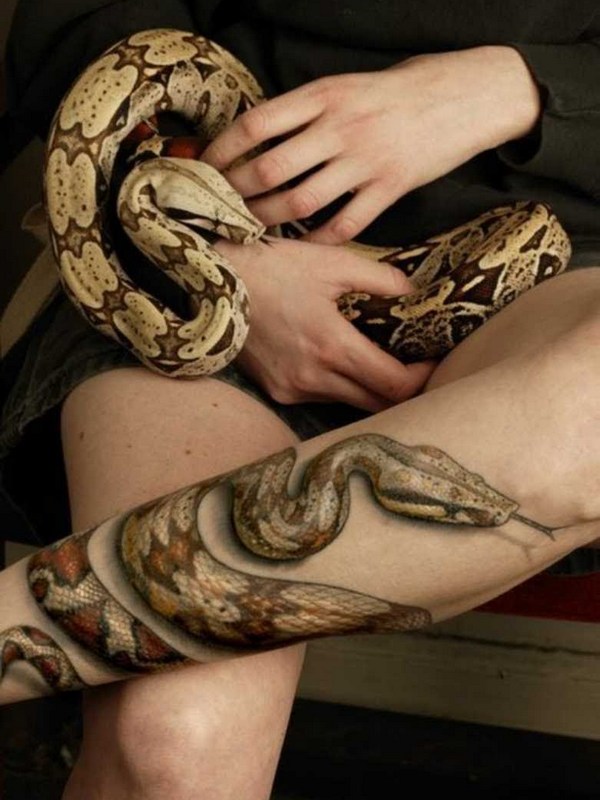 Realistic 3D Snake Tattoo On Left Leg