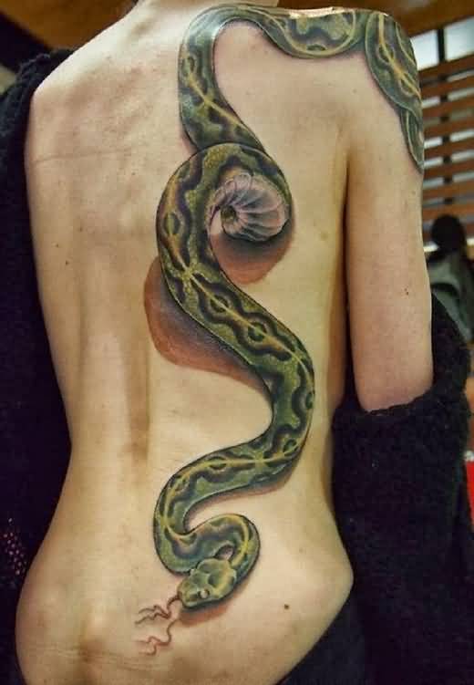 Realistic 3D Snake Tattoo On Man Full Back
