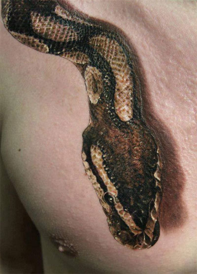 Realistic 3D Snake Tattoo On Man Right Chest