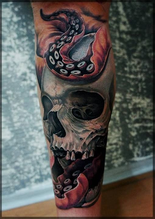 Realistic 3D Snake With Skull Tattoo Design For Leg By Coryc
