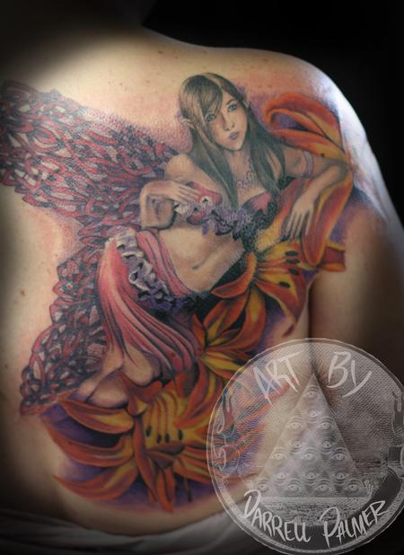 Realistic Colorful Fairy Tattoo On Right Back Shoulder