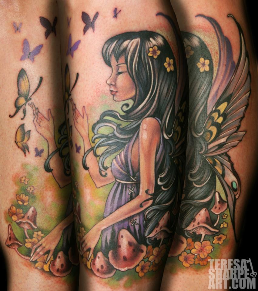 Realistic Cute Fairy With Flying Butterflies Tattoo Design For Sleeve.