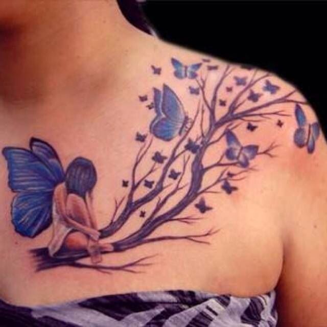 Realistic Fairy On Branch With Flying Butterfly Tattoo On Left Front Shoulder
