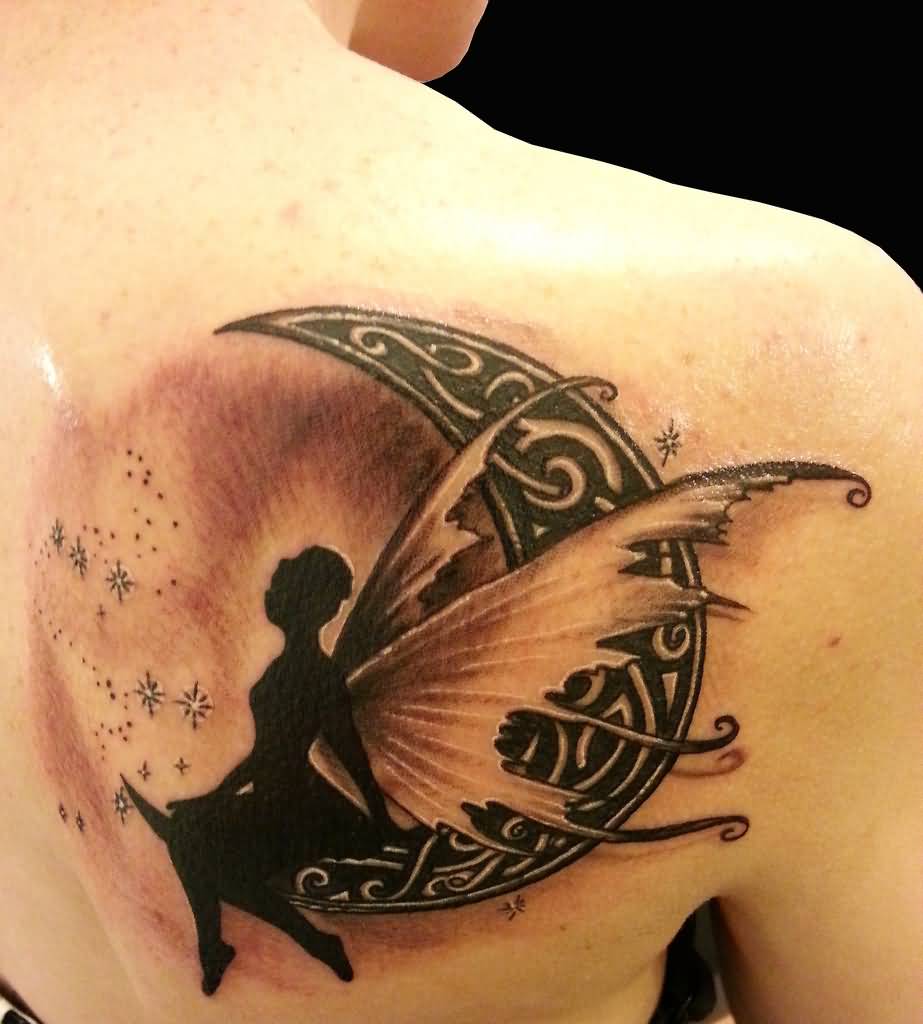 Realistic Fairy On Celtic Half Moon Tattoo On Right Back Shoulder