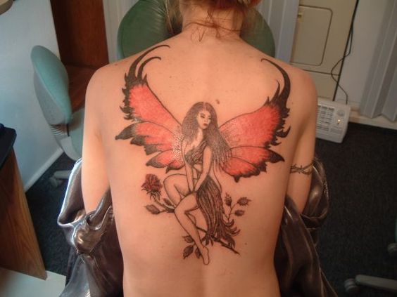Realistic Fairy Tattoo On Girl Full Back